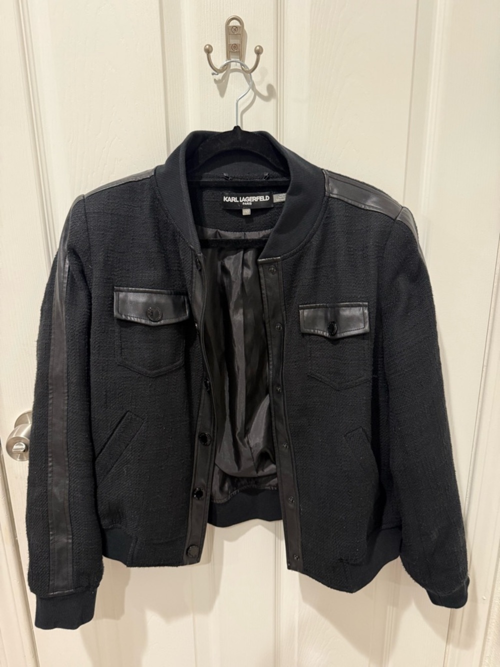 Karl Lagerfeld Black Bomber Jacket with Leather Trim